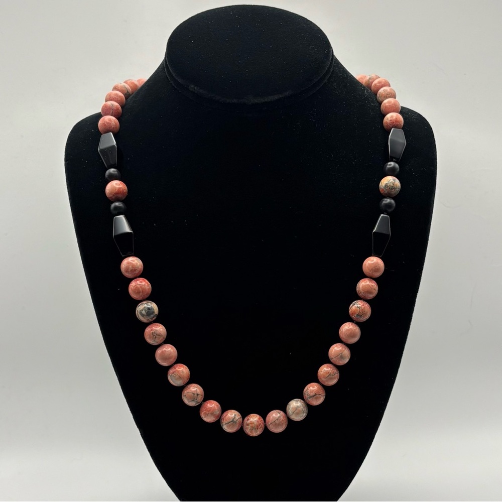 Hand Made Rhodonite and Black Gemstone Necklace